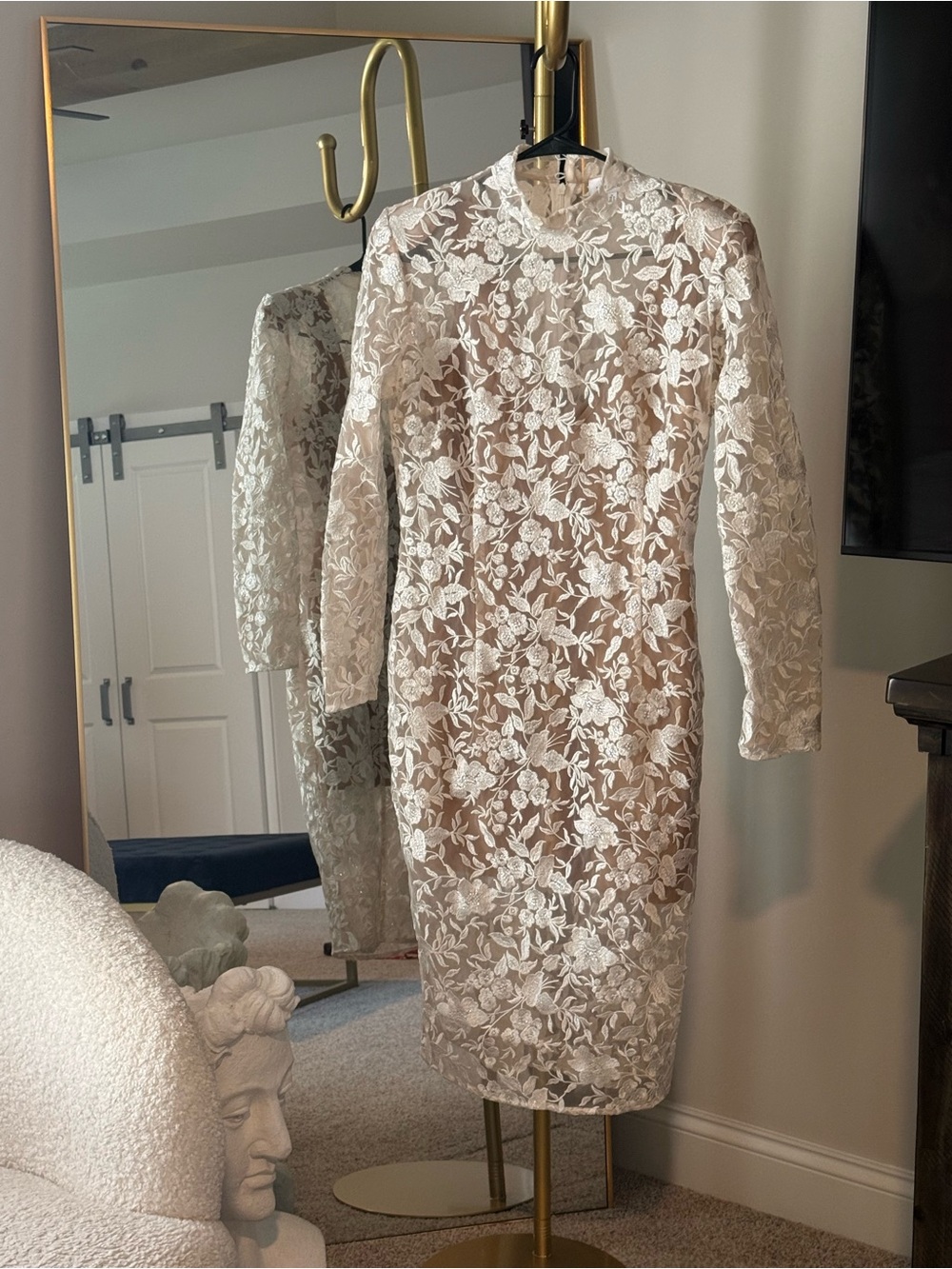 NADINE MERABI Ivory Floral Lace Long Sleeve Sheath Dress